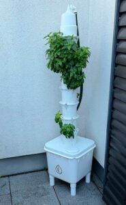 The HydraTower tucked into a sheltered corner of the balcony, a compact setup with reservoir and watering hose The HydraTower tucked into a sheltered corner of the balcony, a compact setup with reservoir and watering hose